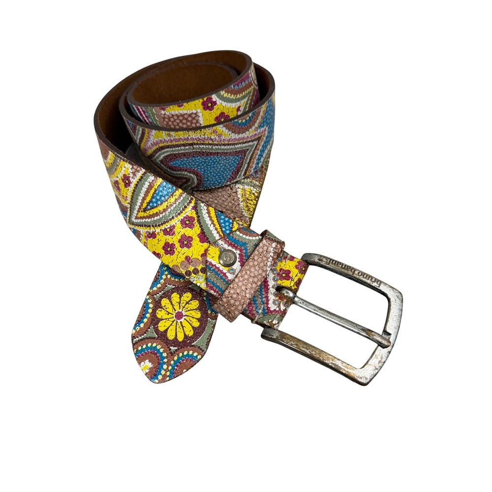 Bruno Banani Belt Unisex 30 Yellow Paisley Floral Leather Handmade Italy 129/40